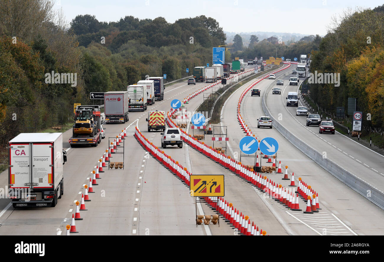 Traffic passes through Operation Brock on the M20 in Ashford, Kent, as the government is going ahead with its preparations for a no-deal Brexit by activating measures to manage traffic on Kent's motorways despite the EU considering an extension. Stock Photo