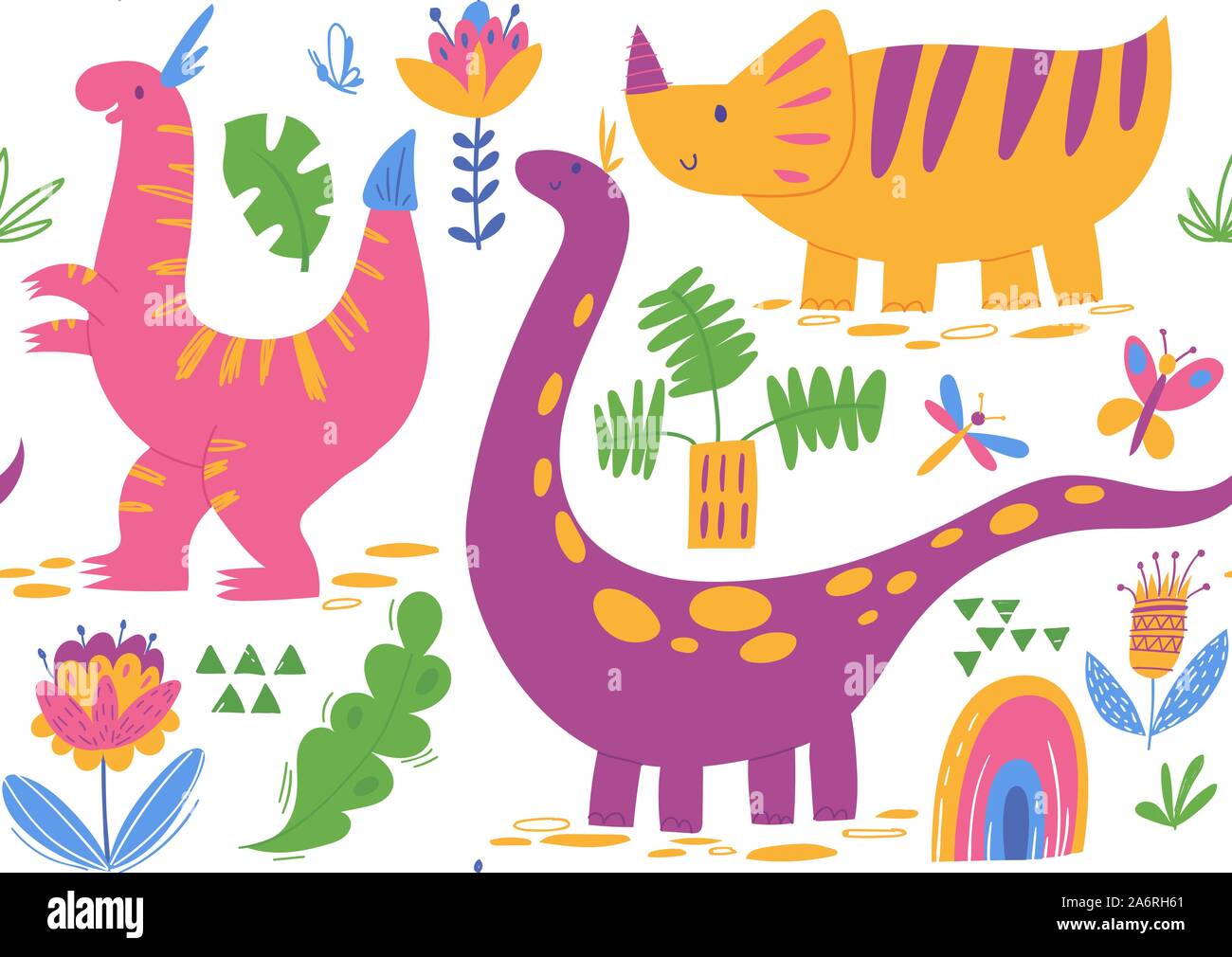 Vector seamless pattern with cute dinosaur characters Stock Vector