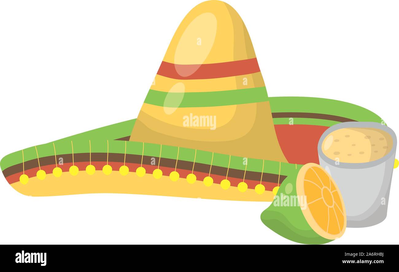 traditional mexican hat with tequila cup and lemon Stock Vector Image