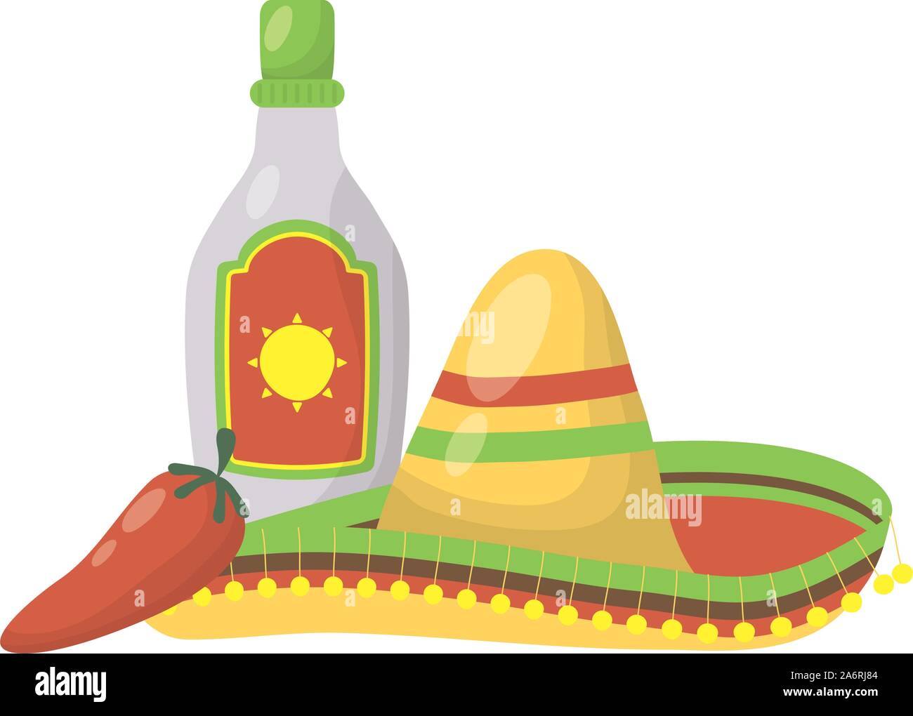 traditional mexican hat with tequila bottle and chili pepper Stock