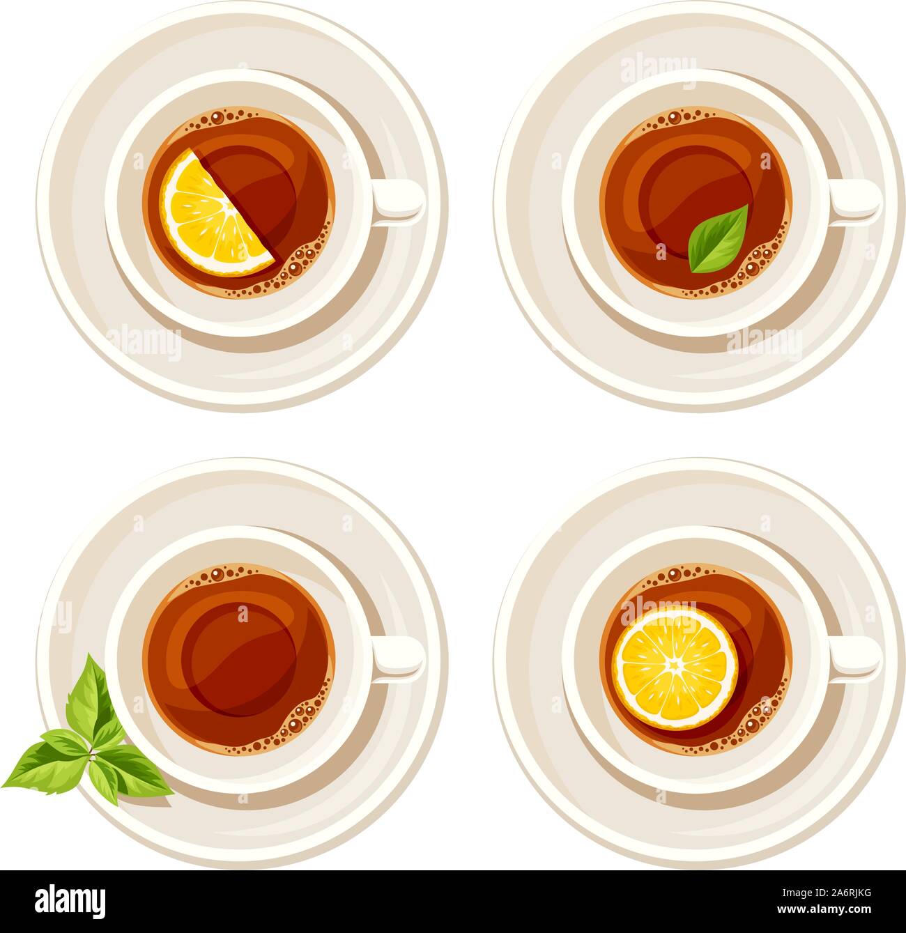 Vector set of four porcelain cups of tea with lemon and tea leaves ...