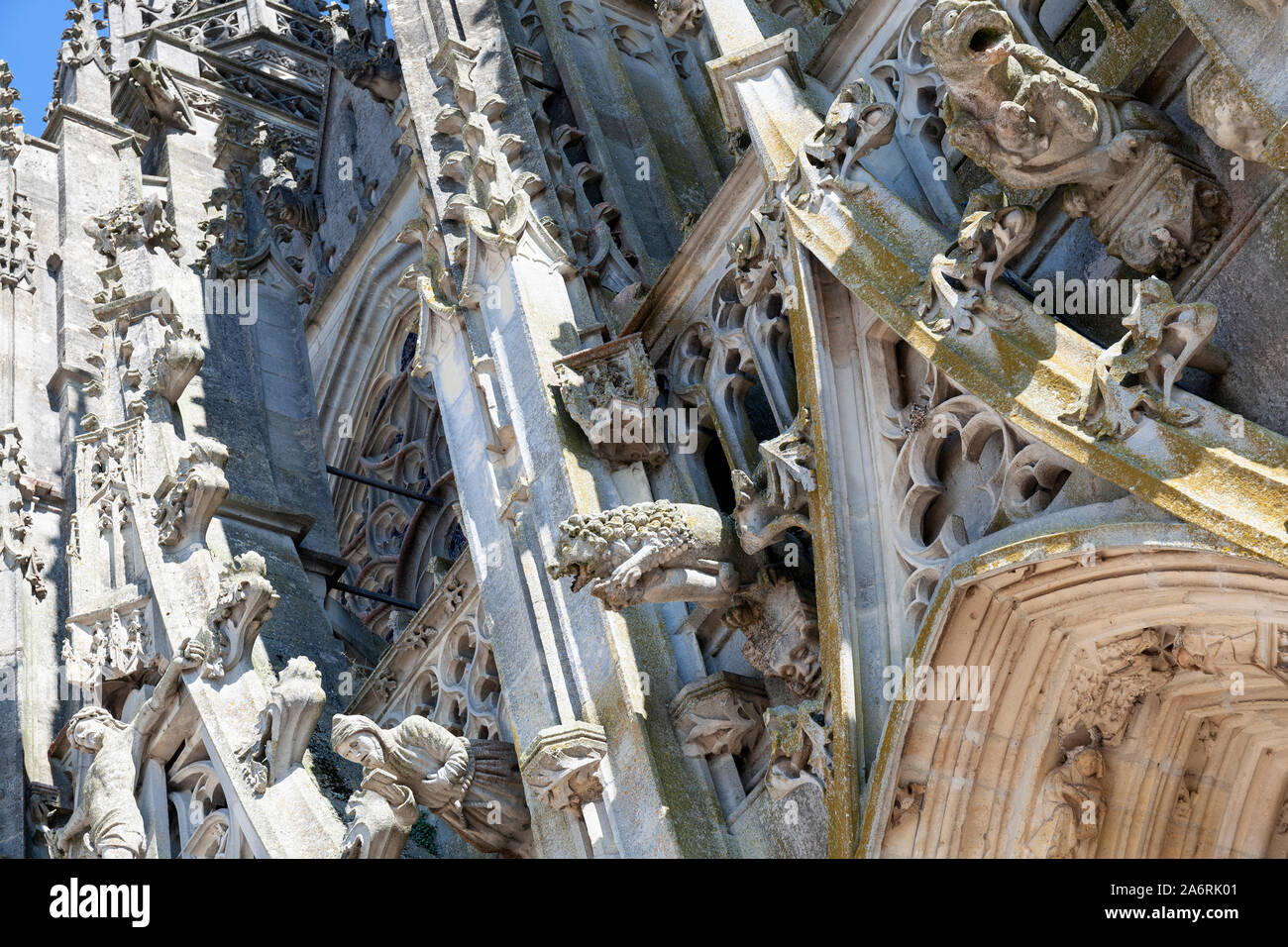 Europe, France, Grand Est, L'Epine, The Basilique Notre-Dame de l'Épine, Carved Entrance Archway (Detail) Stock Photo
