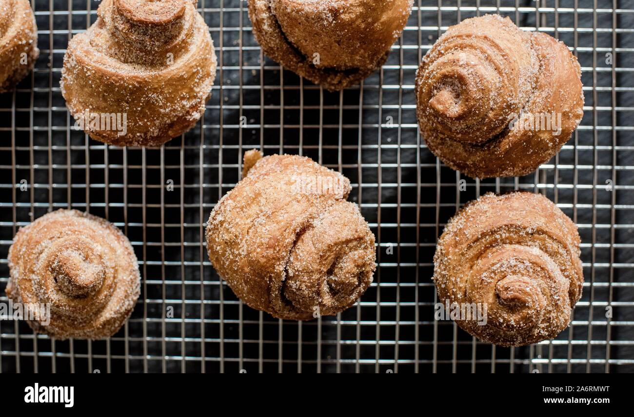 homemade cinnamon buns on a cooling rack Stock Photo