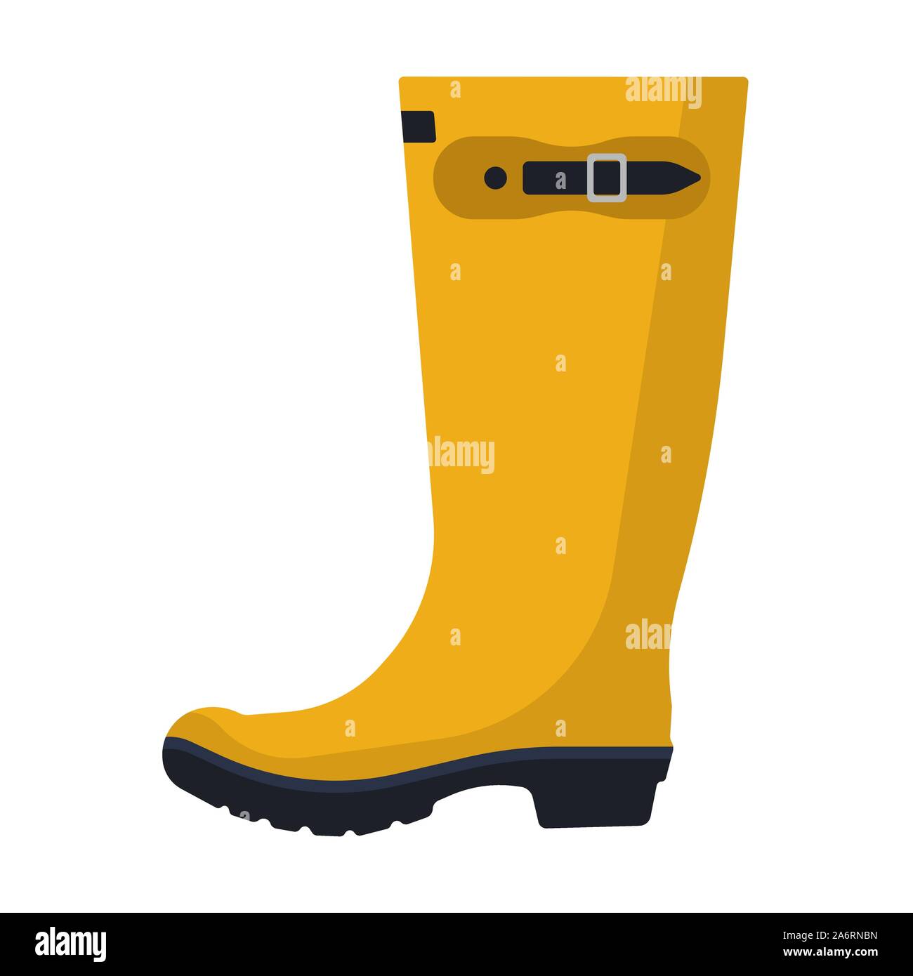 Rain boot vector flar icon side view. Autumn weather water rubber shoe protection. Waterproof gum boot outdoor yellow clothing Stock Vector