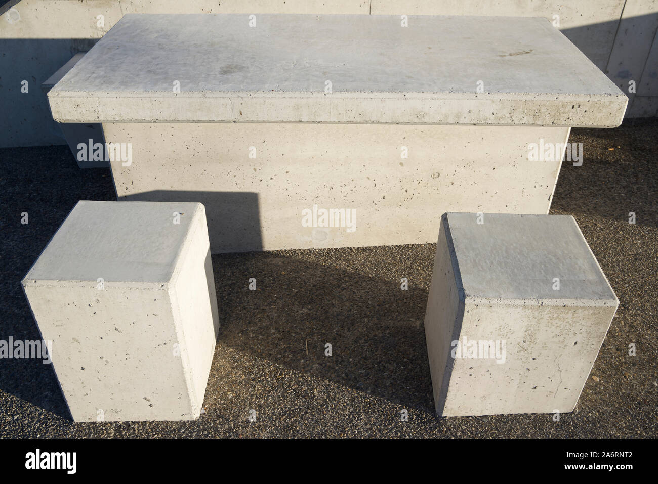 Concrete benches in a rest area on the highway. Stock Photo