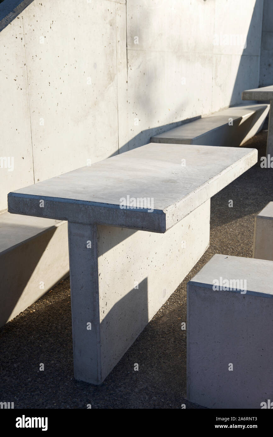 Concrete benches in a rest area on the highway. Stock Photo
