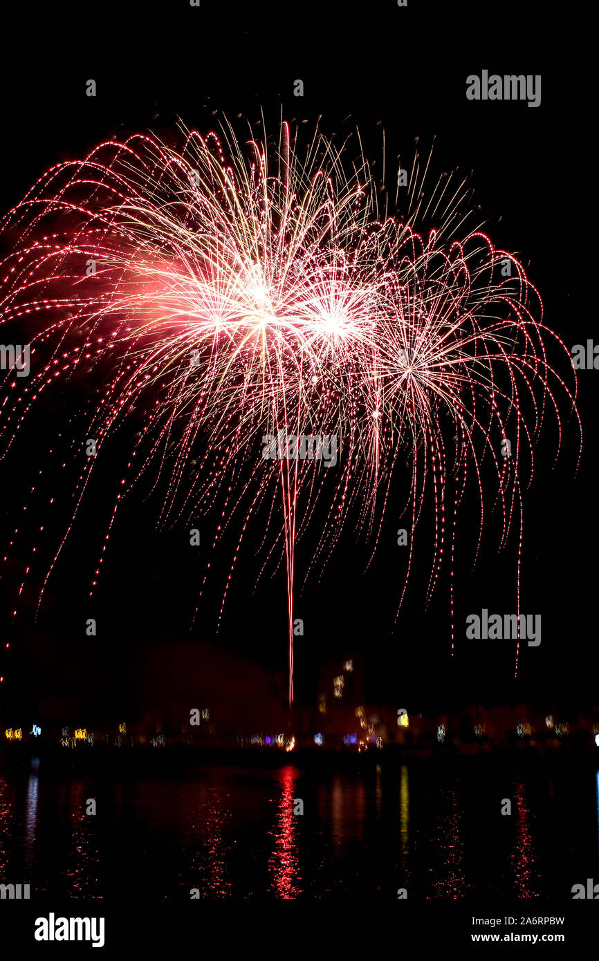 fireworks reflecting water happy new year 2020 independence day Stock Photo