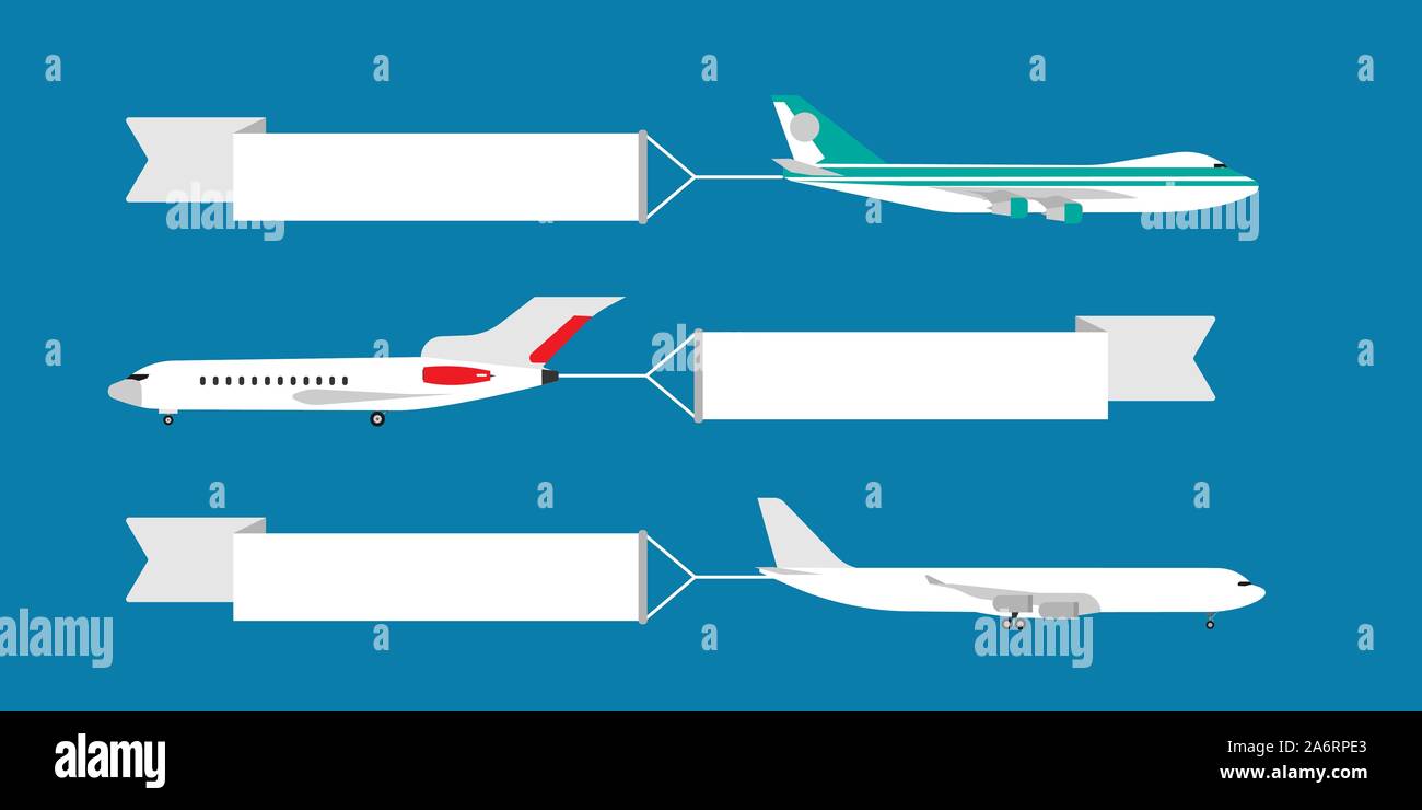 Air plane flying with ribbon banner vector illustration. Advertisement card template travel. Cartoon adventure vacation airline side view Stock Vector