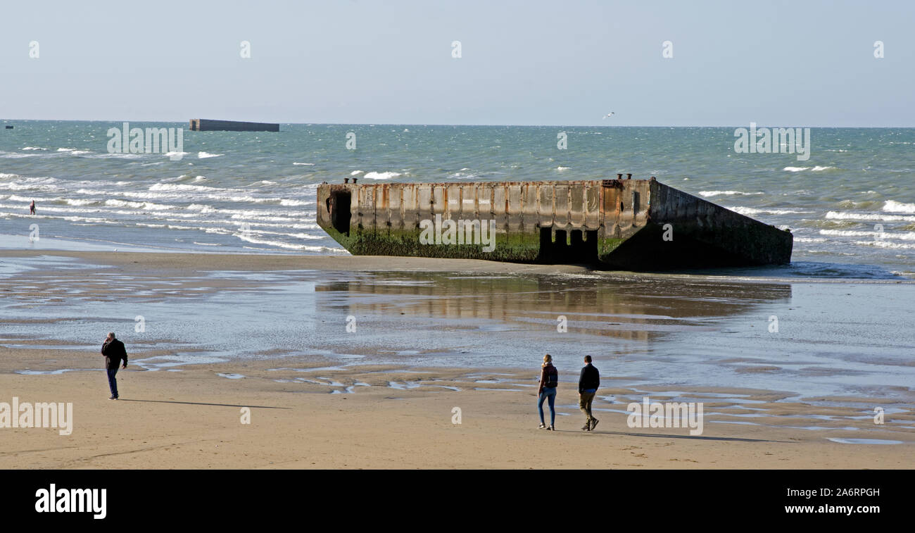 Aromanches, remains of the Mulberry harbour used in the D Day landings Stock Photo