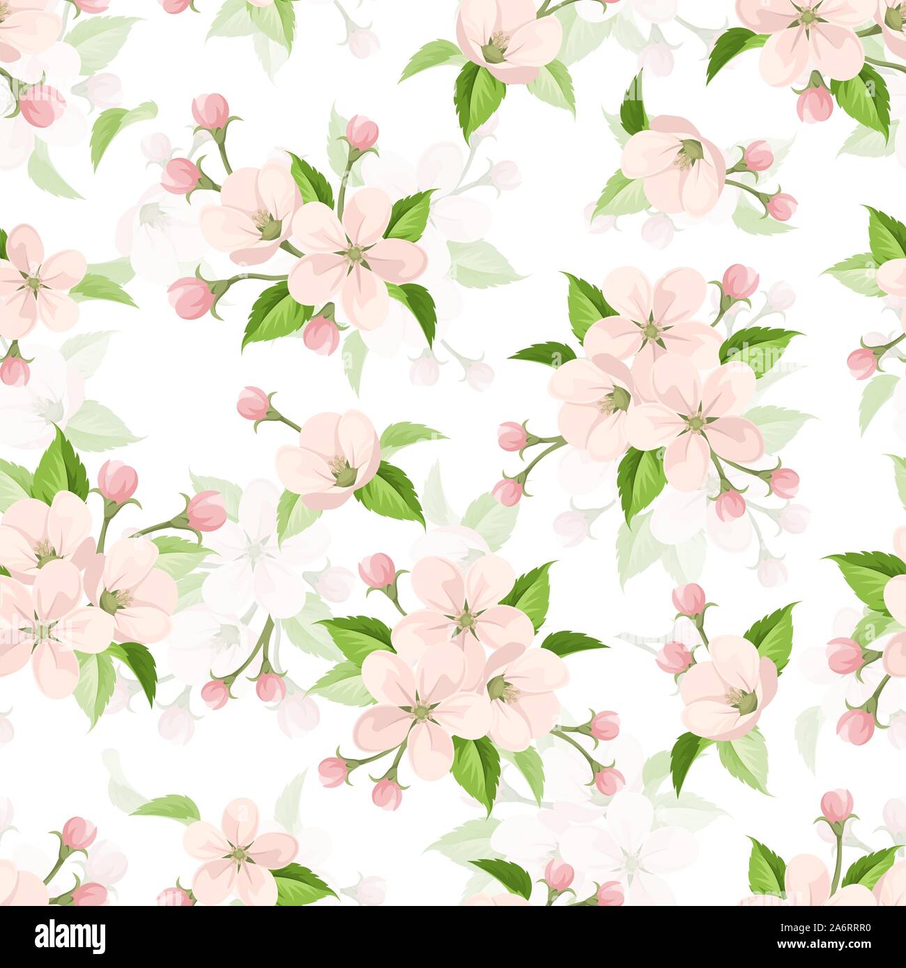 Vector seamless pattern with pink apple blossoms and green leaves on a ...