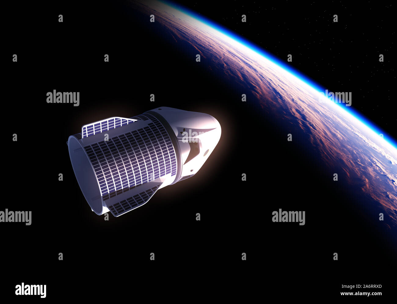 Commercial Spaceship In The Shadow Of Planet Earth. 3D Illustration. Stock Photo