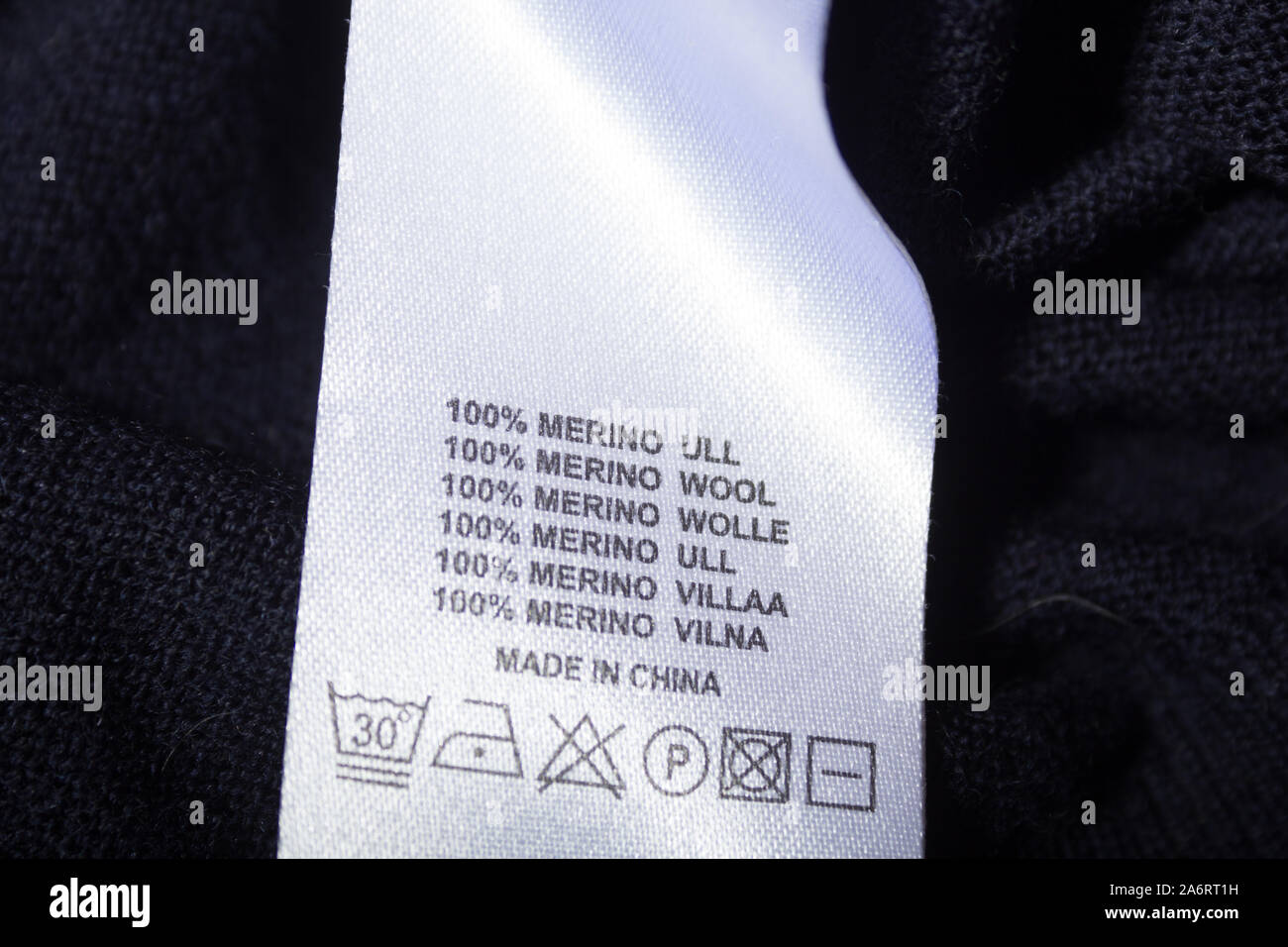 Label on the sweater. 100 merino wool Stock Photo