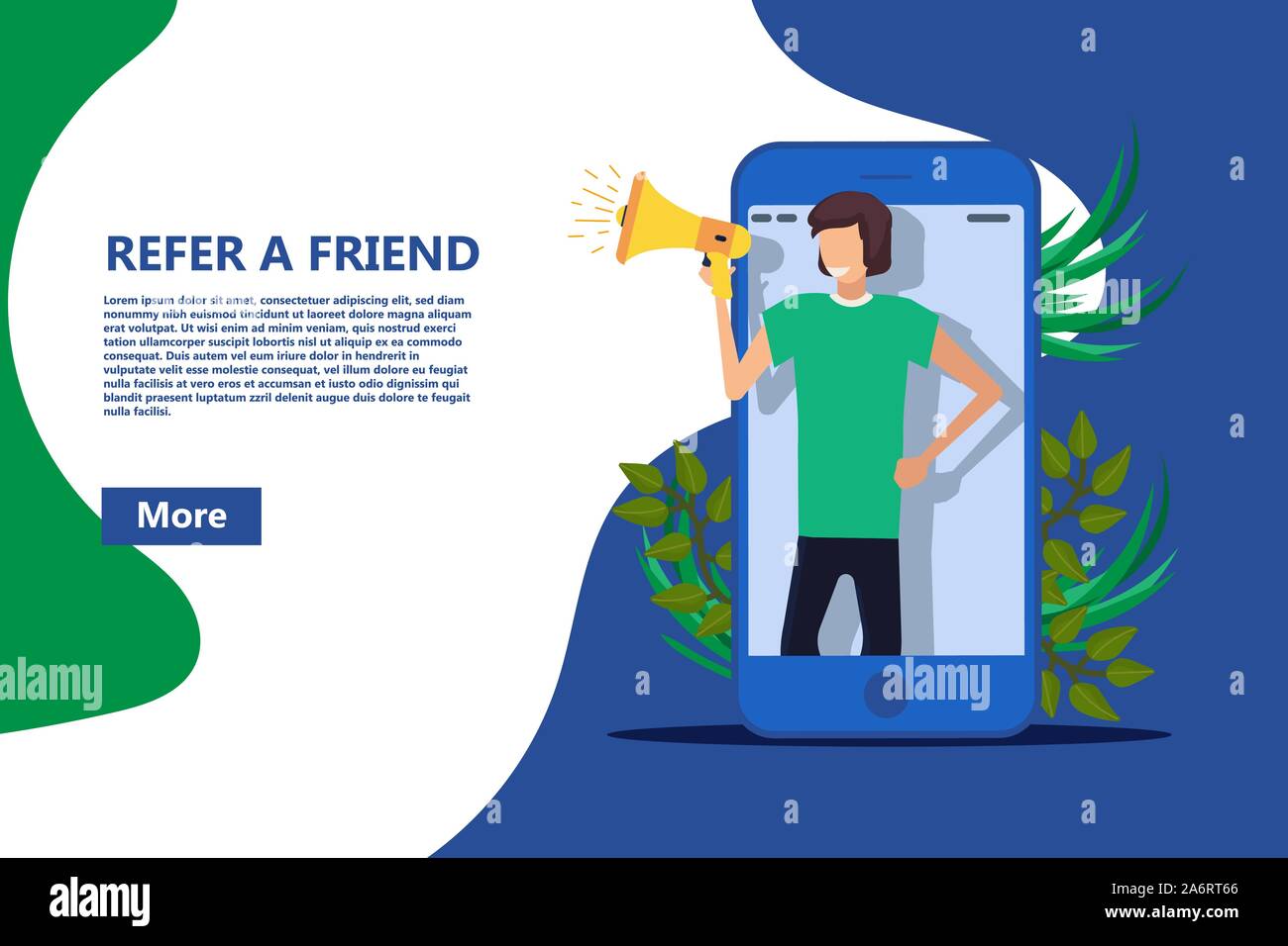 Refer a friend vector business poster, Referral person with megaphone buzz alert. Money job