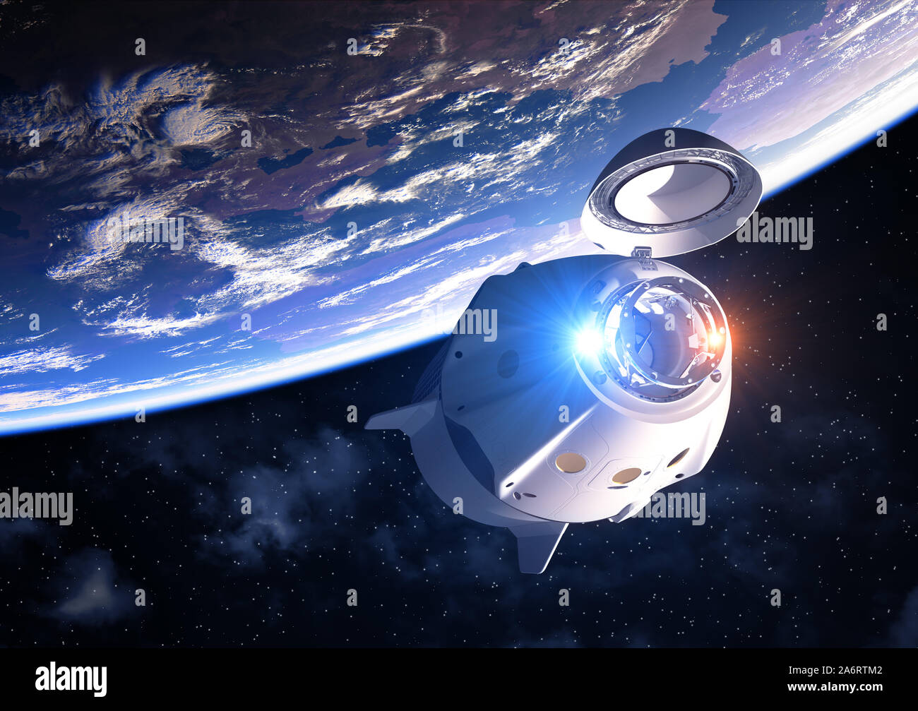 Commercial Spacecraft With Open Docking Hatch Orbiting Planet Earth. 3D Illustration. Stock Photo