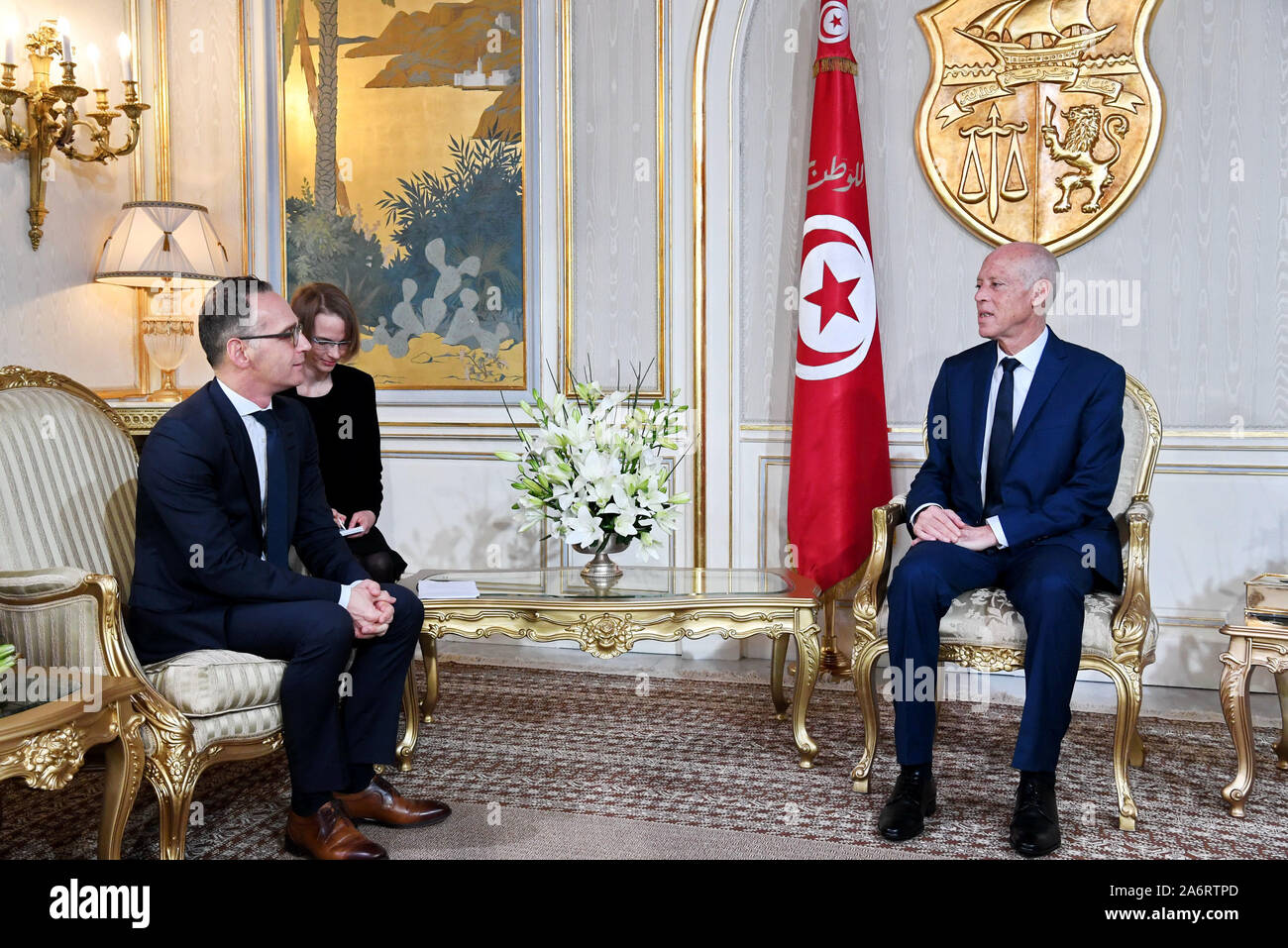 Tunis, Tunisia. 28th Oct, 2019. Tunisian President Kais Saied (R) speaks with German Foreign Minister Heiko Maas during their meeting at Carthage Palace. Credit: -/Presidency of the Republic of Tunisia/dpa - ATTENTION: editorial use only and only if the credit mentioned above is referenced in full/dpa/Alamy Live News Stock Photo