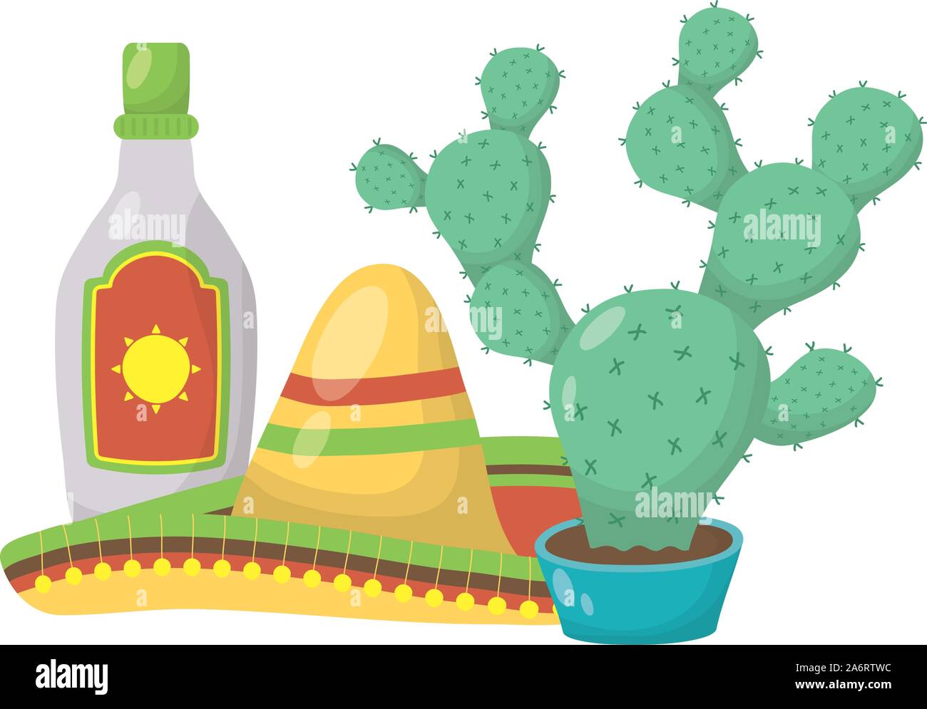 cactus mexican with traditional hat and tequila bottle Stock Vector