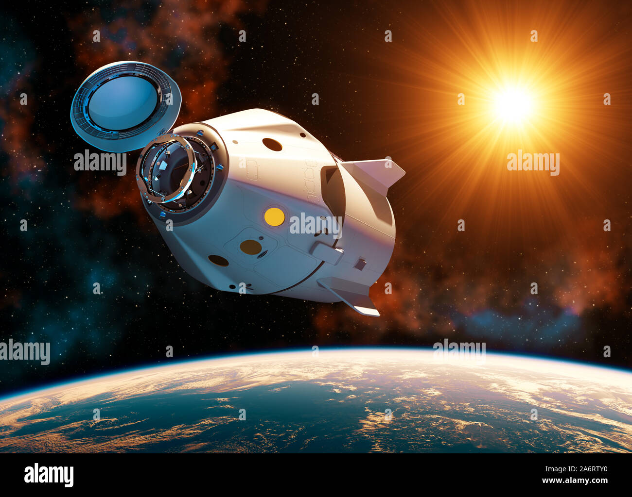 Commercial Spacecraft With Open Docking Hatch In The Rays Of Sun. 3D Illustration. Stock Photo