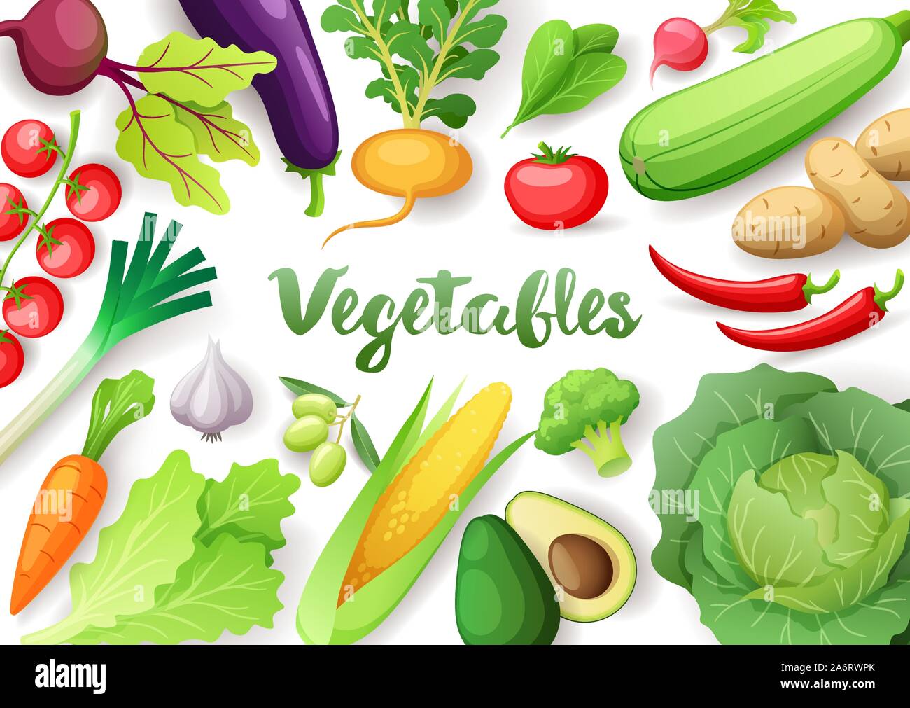 Vegetables top view frame. Farmers market menu design. Colorful fresh vegetables, organic healthy food, vector illustration. Stock Vector