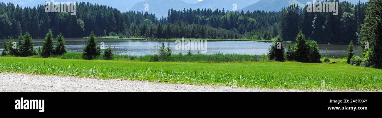 Panorama view of Kögelweiher with adjacent forest area in Bavaria in summer 2019. Stock Photo