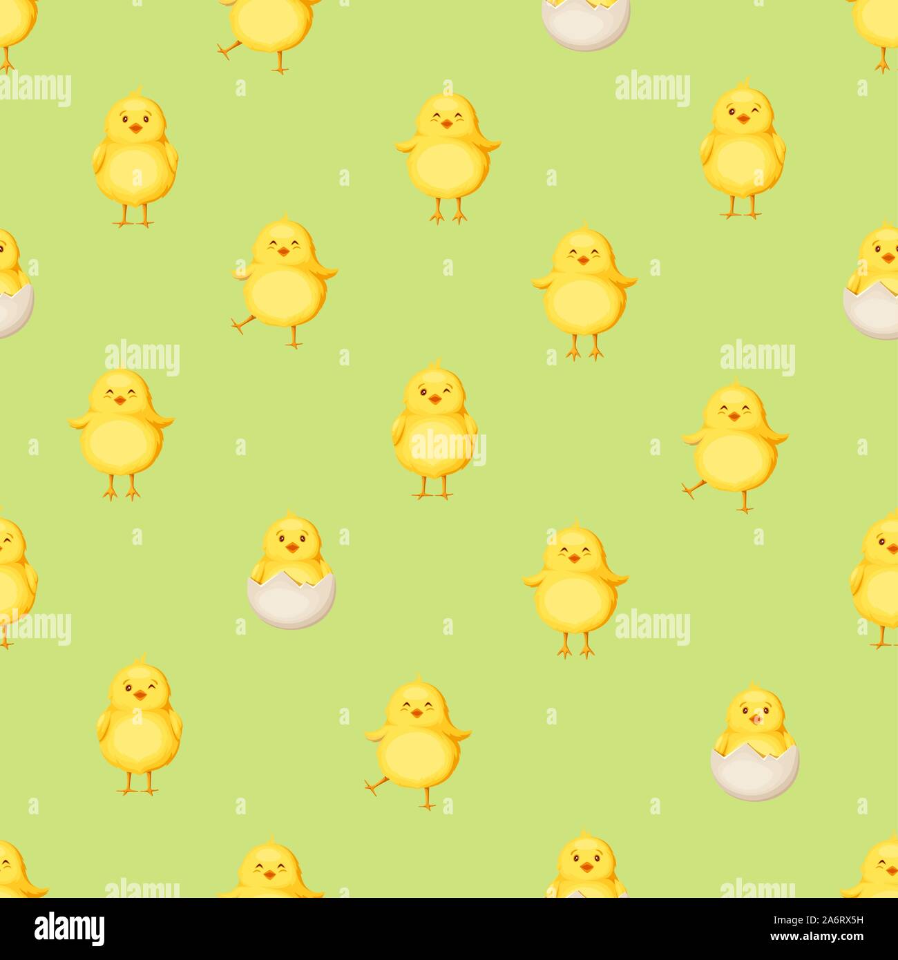 Vector seamless pattern with cute yellow Easter chickens on a green background. Stock Vector