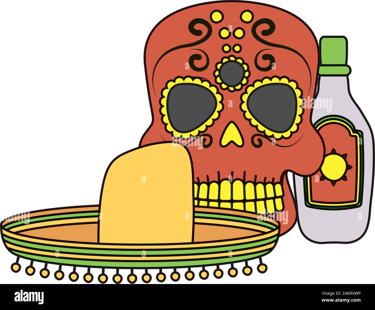skull head with traditional mexican hat and tequila bottle Stock Vector ...