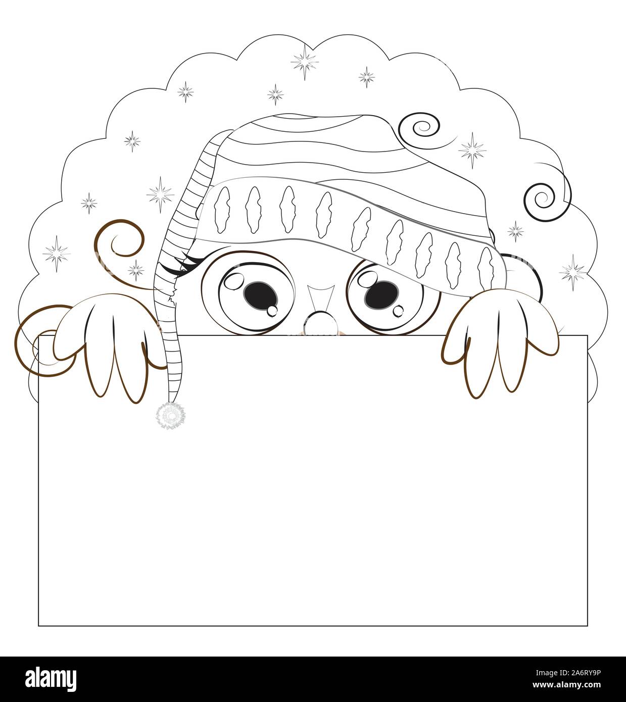 Coloring book night Owl with green eyes, on sky in striped cap frame. Picture in hand drawing cartoon style, for sale or text frame, greeting or busin Stock Vector