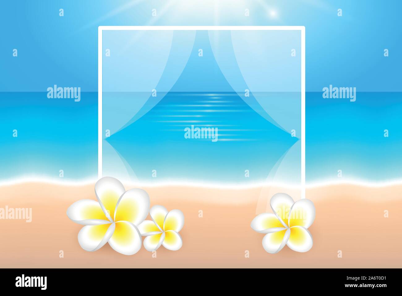 sunny day on the beach summer holiday background with frangipani tropical flowers vector illustration EPS10 Stock Vector