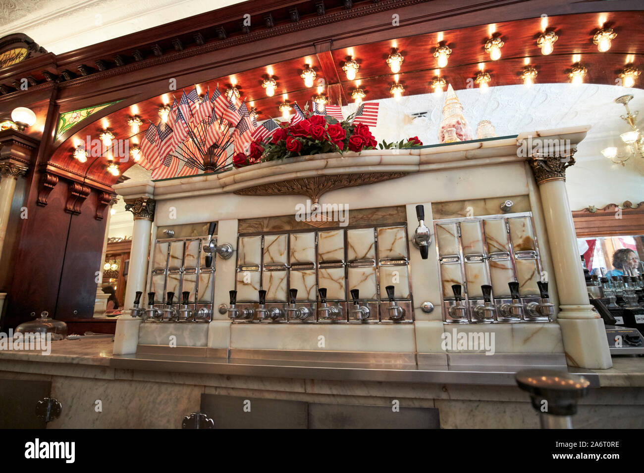 liquid carbonic company soda syrup dispenser soda fountain Zaharakos classic ice cream parlour and museum columbus indiana USA Stock Photo