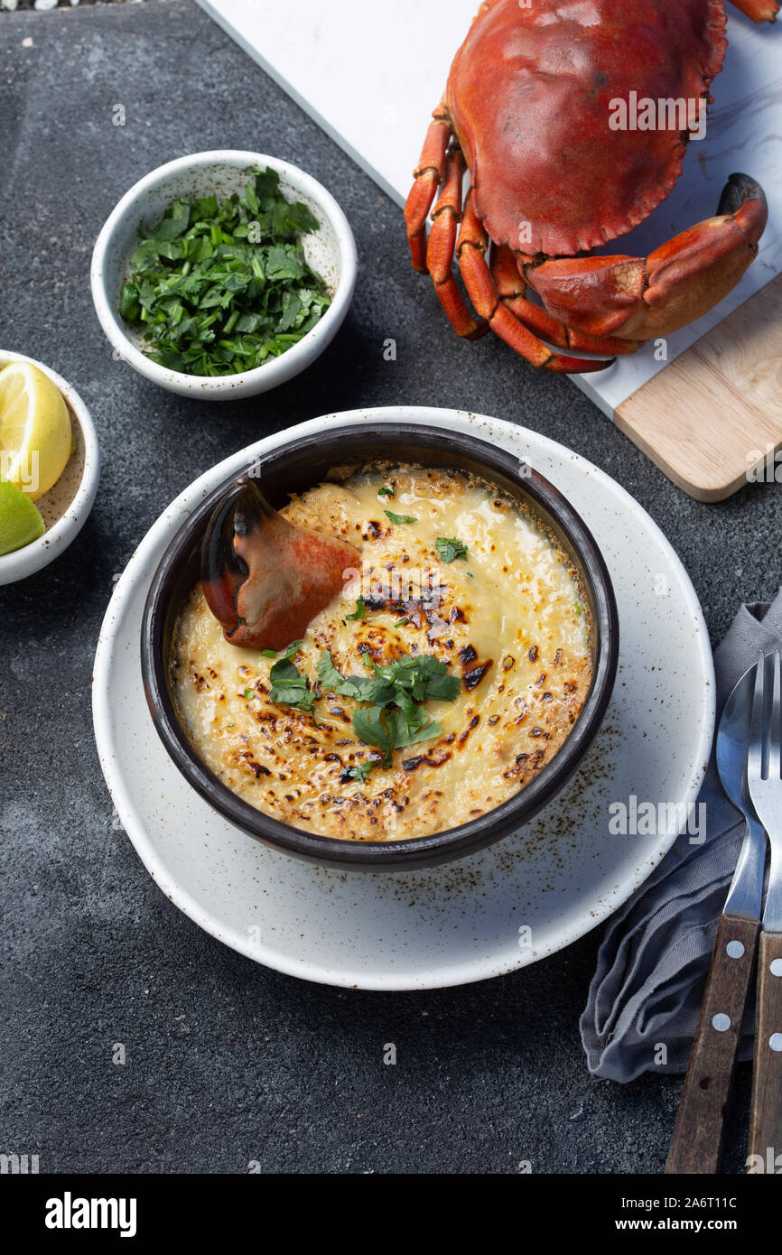 CHILEAN FOOD. Baked crabmeat crab meat with cheese, cream and bread