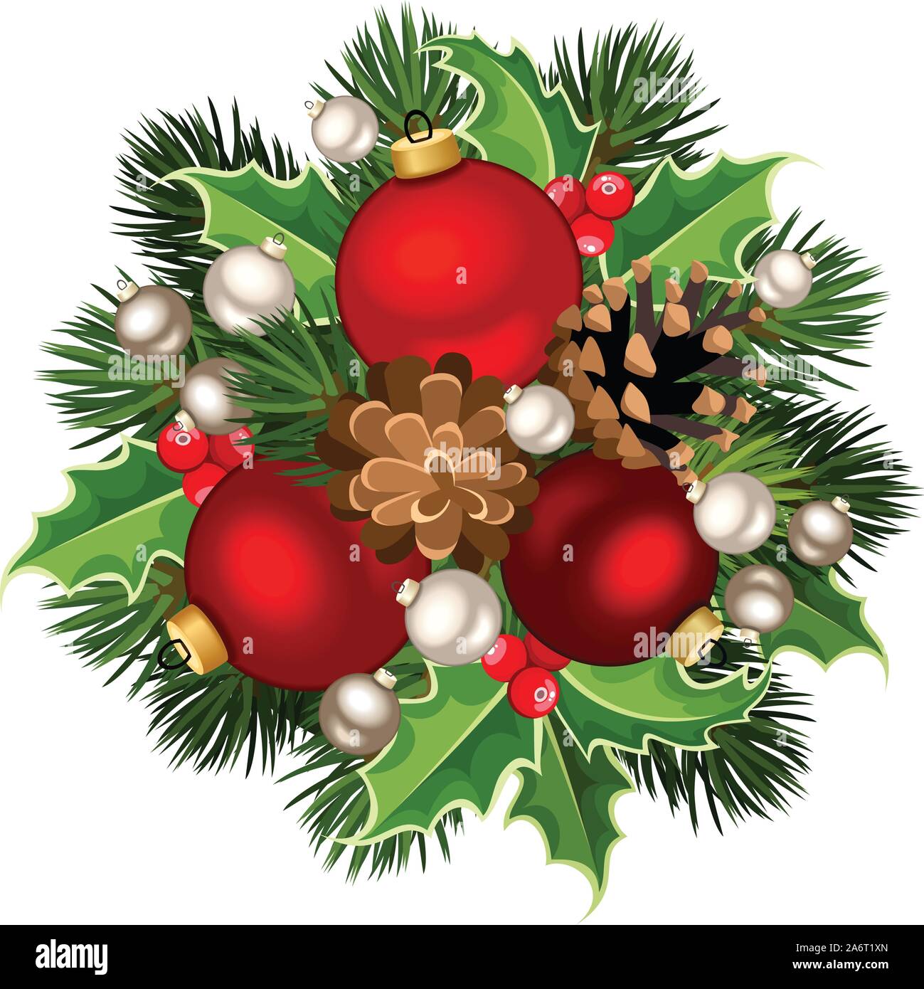 Vector Christmas decoration with red and silver balls, fir-tree ...