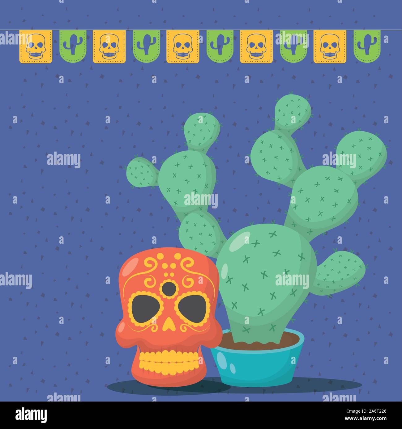 viva mexico celebration with death mask and cactus Stock Vector