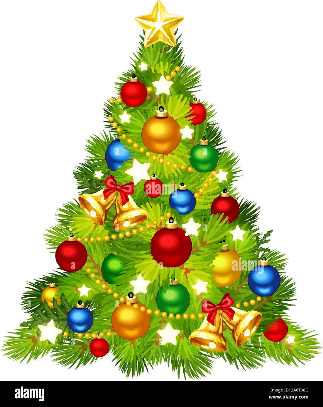 Vector Christmas tree decorated with colorful balls, bells and shining ...
