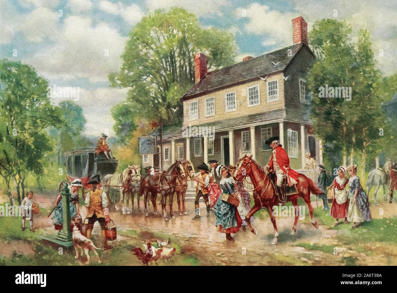 The Concord Stage.  After a work by E. Percy Moran.  Concord and nearby Lexington were the sites of the first military engagements of the American Revolutionary War.  The picture shows an English soldier on horseback. Stock Photo