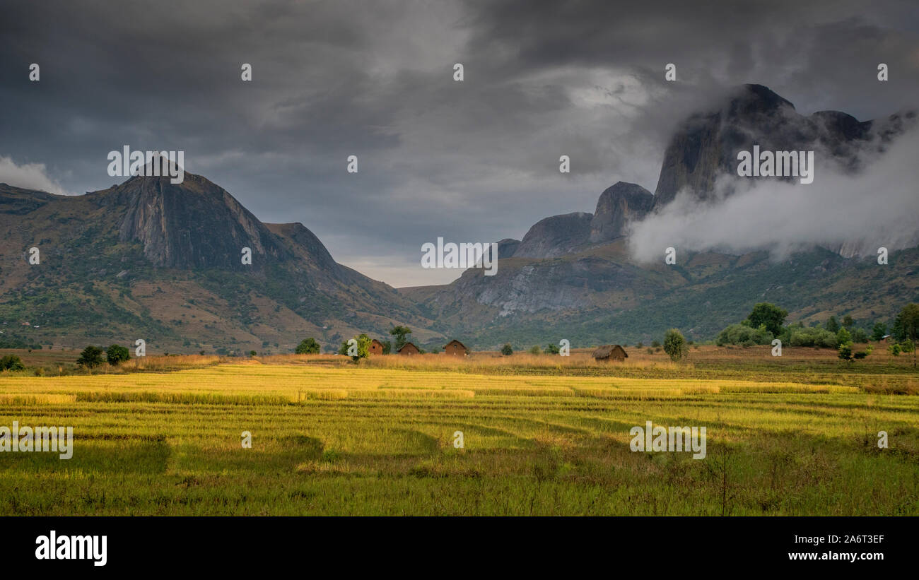 View of Tsaranoro valley, central highlands of Madagascar. Landscapes and ricefields. Stock Photo