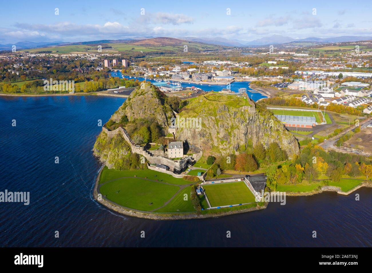 Aerial view of Dumbarton Castle and Dumbarton Rock in West Dunbartonshire, Scotland, UK Stock Photo