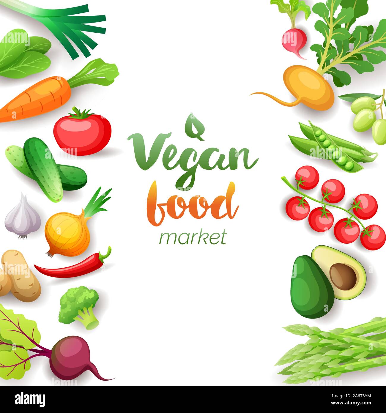 Vegetables top view square frame. Vegan food market menu design. Colorful fresh vegetables, organic healthy food, vector illustration. Stock Vector