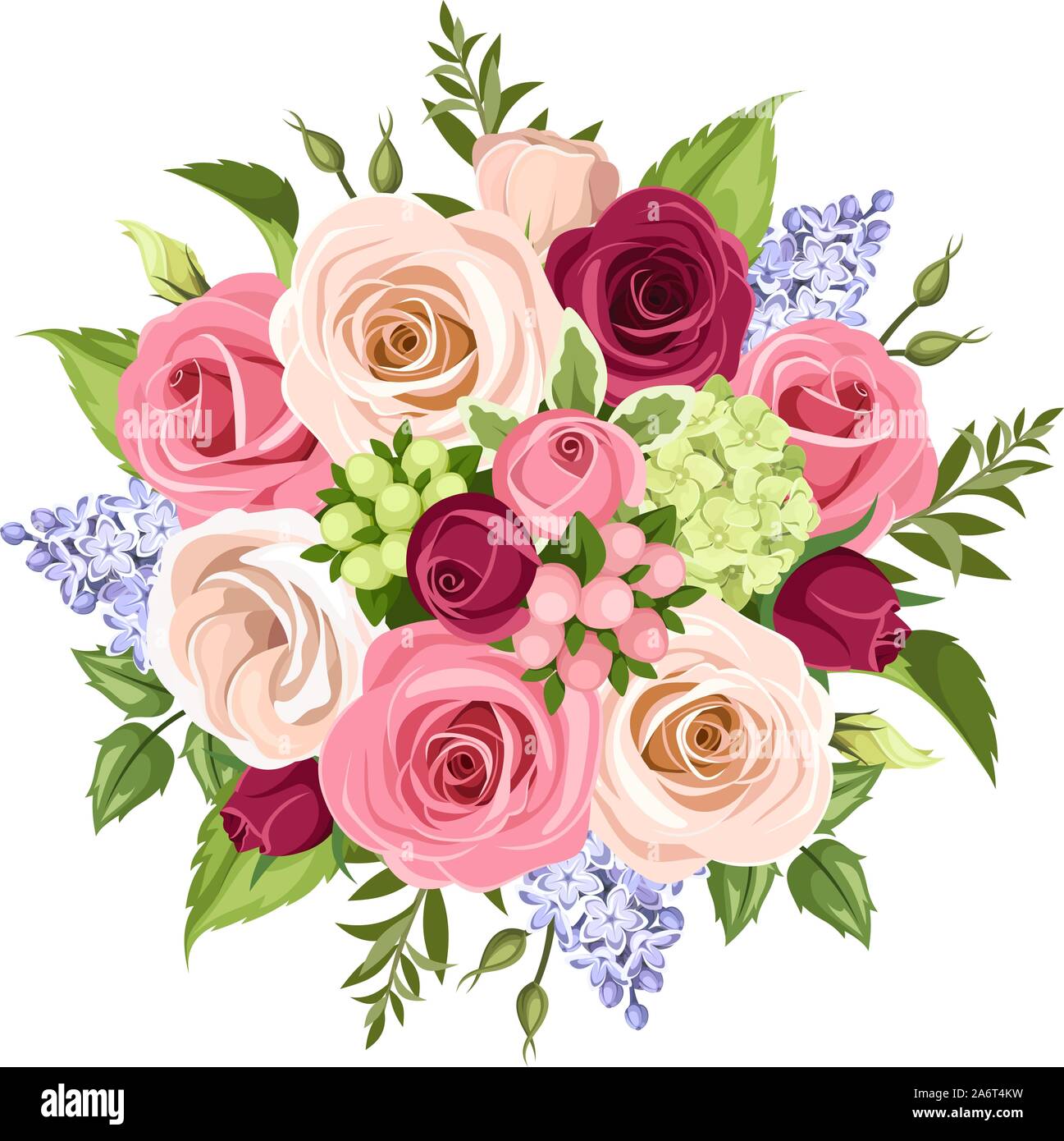 Vector bouquet of pink, white, purple and blue roses, lisianthuses and lilac flowers isolated on a white background. Stock Vector