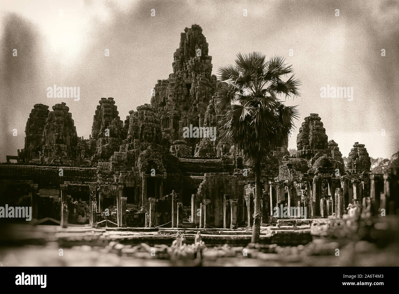 Cambodia, Angkor, Bayon temple: the Bayon temple. The photo was processed in post production with a photographic plate effect Stock Photo