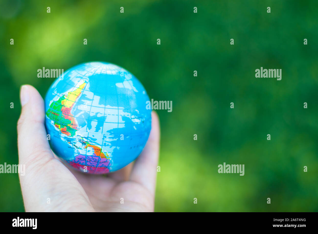 World environment day concept. Attractive ecological problem positive poster. Human hands holding earth globe on blurred green background Stock Photo