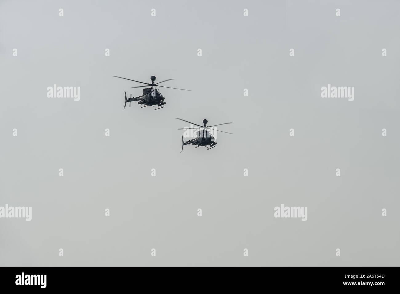 Thessaloniki Oxi Day Greek Army helicopters parade. Fly during national day celebration military parade for Greek no against Italian 1940 ultimatum. Stock Photo