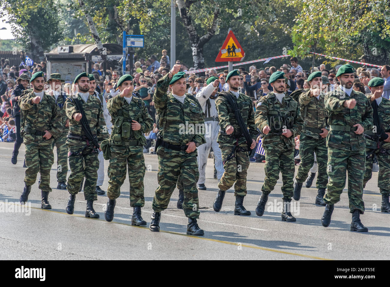 Thessaloniki Oxi Day Greek Army personnel parade. March during national day celebration military parade for Greek no against Italian 1940 ultimatum. Stock Photo