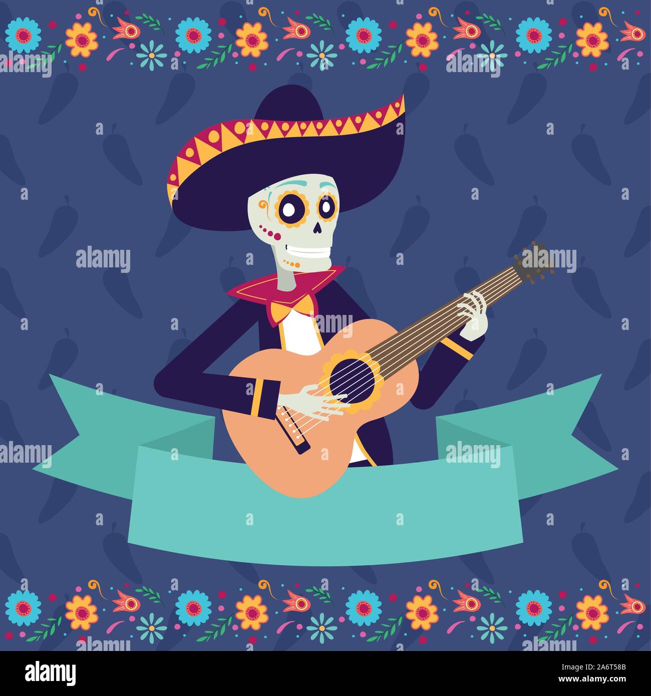 dia de los muertos card with mariachi skul Stock Vector