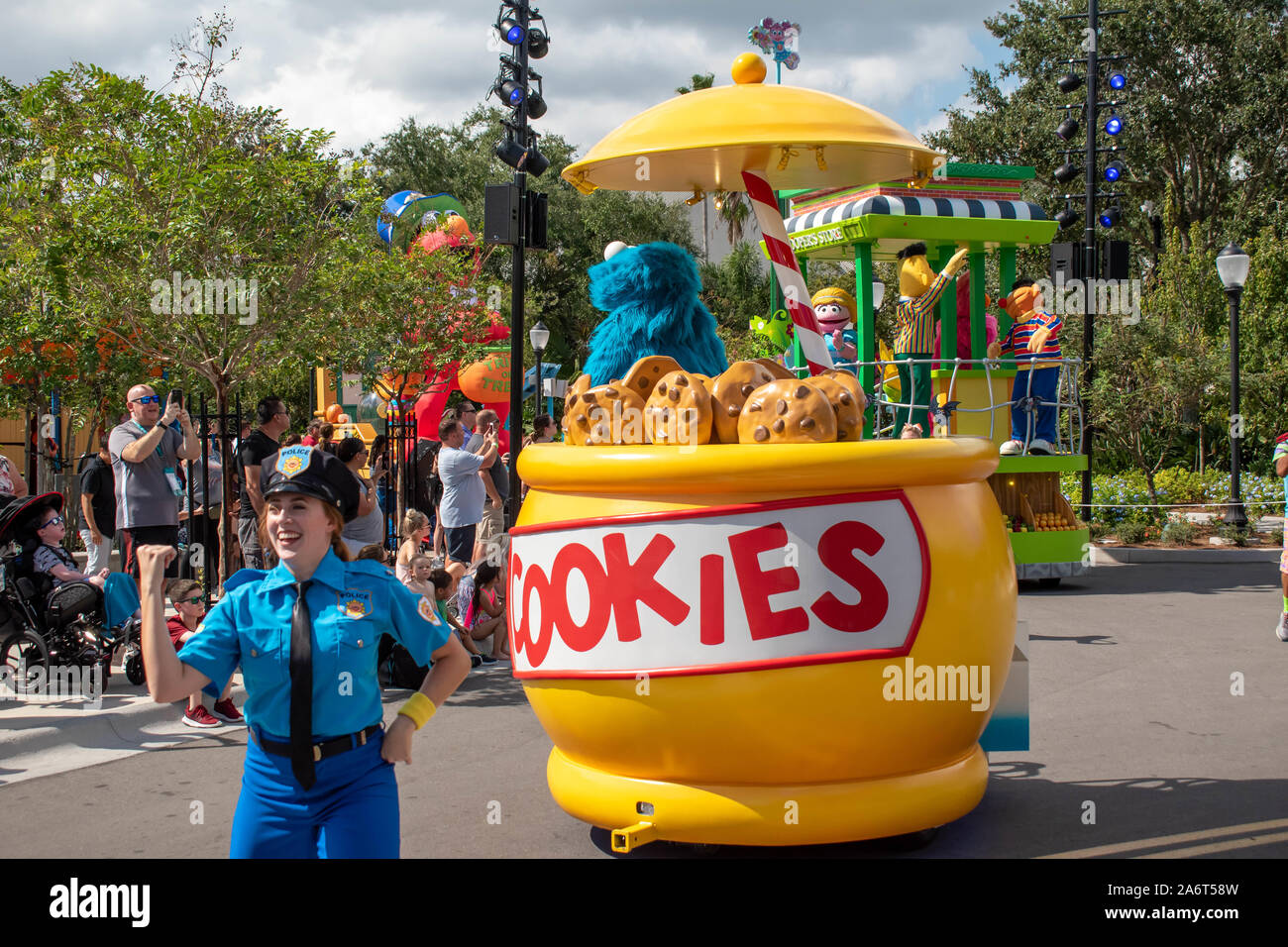 Orlando, Florida. October 24, 2019. Cookie Monster an police woman at