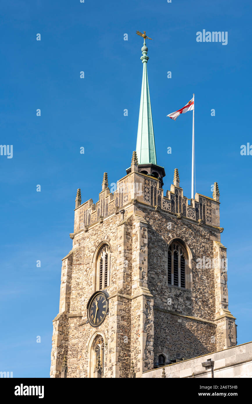 Chelmsford Cathedral, Essex, UK on a bright, cold autumn morning. Tower and spire. Blue sky Stock Photo