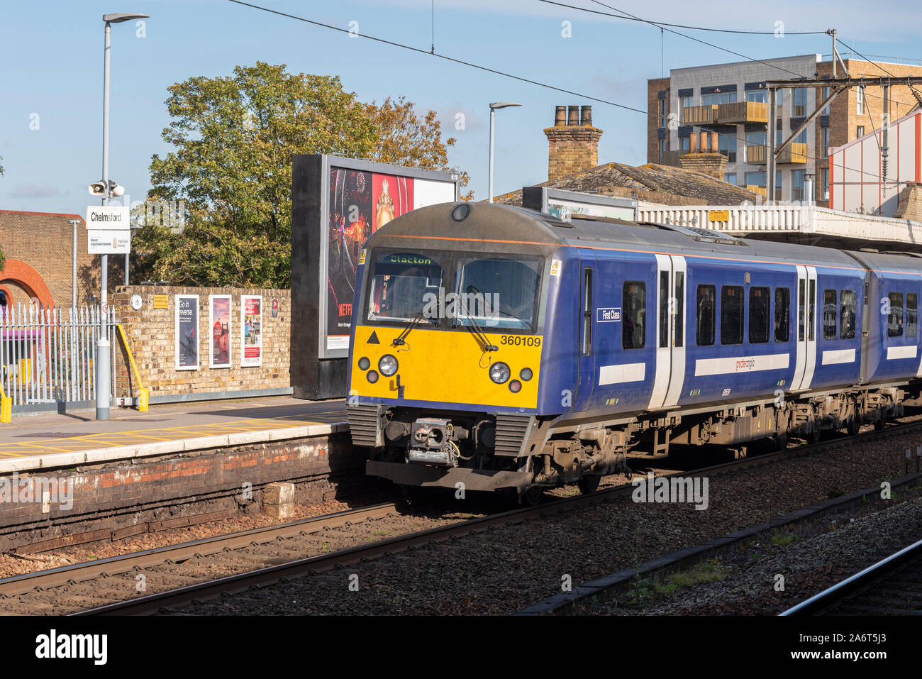 Greater Anglia railway train in Chelmsford station, Essex, UK. Greater Anglia Abellio British