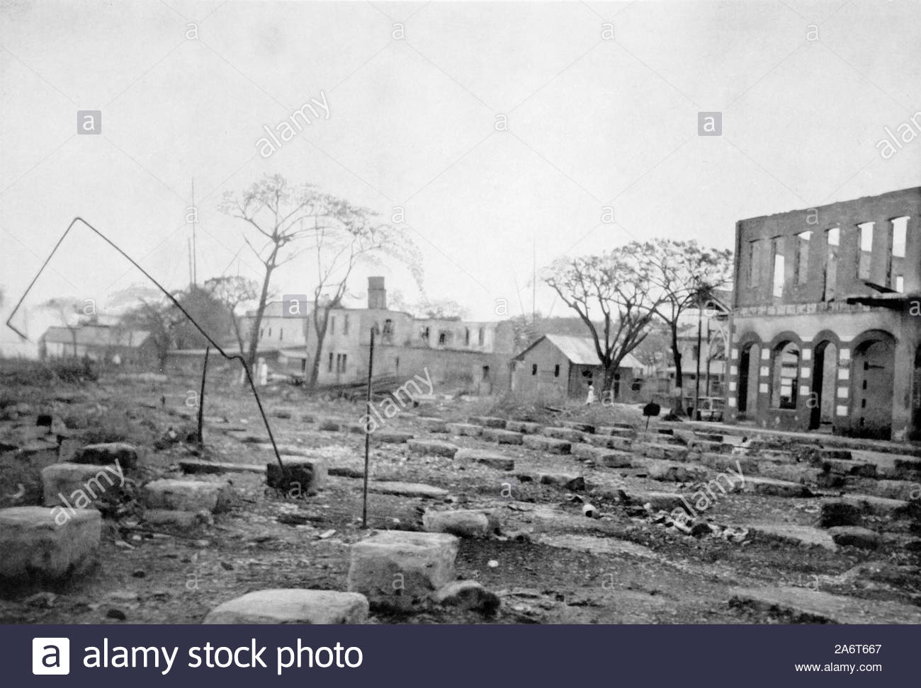 WW1 The town of Papeete Tahiti after german bombardment by warships Scharnhorst and Gneisenau, vintage photograph from 1914 Stock Photo