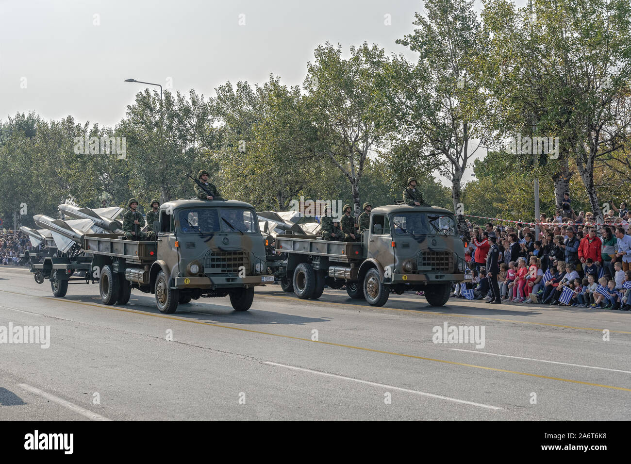Thessaloniki Oxi Day Greek Army vehicles parade. March during national day celebration military parade for Greek no against Italian 1940 ultimatum. Stock Photo