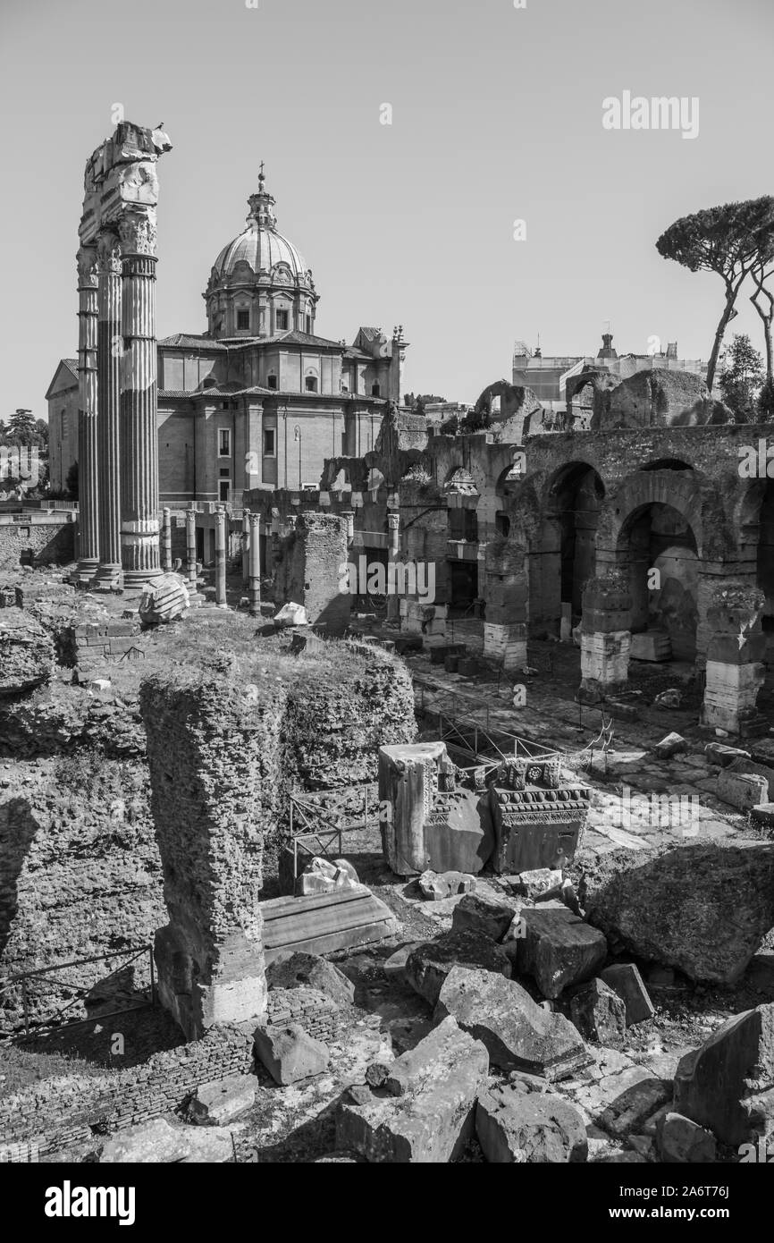A black and white picture of the Temple of Venus Genetrix, in Rome. Stock Photo