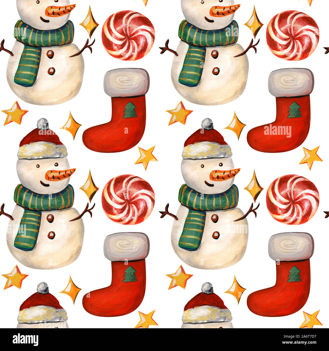 Christmas seamless pattern with a snowman. New year illustration with red sock, candy and stars on a white background. Stock Photo