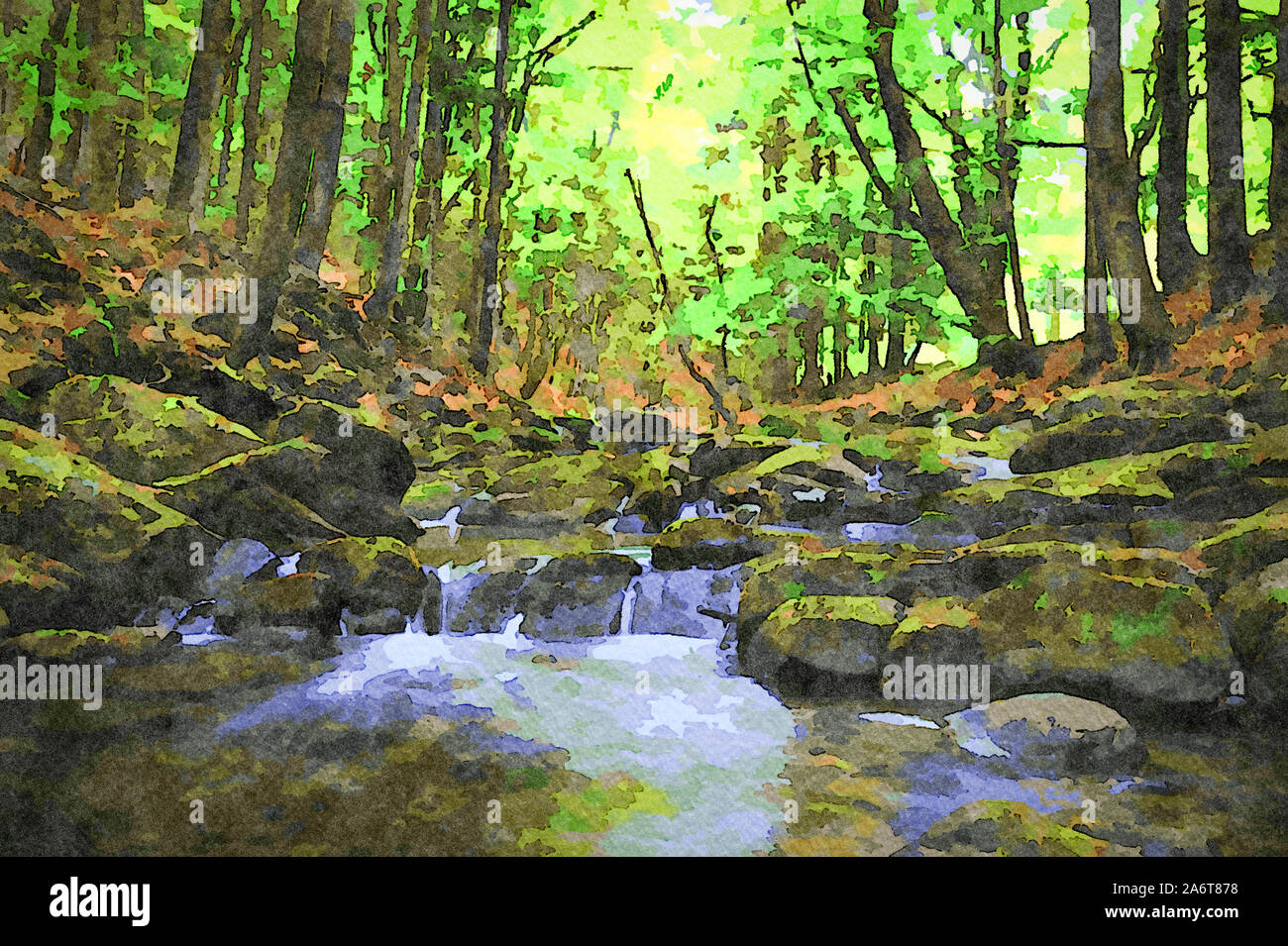 Digital art painting canvas picturesque mountain stream in a deep
